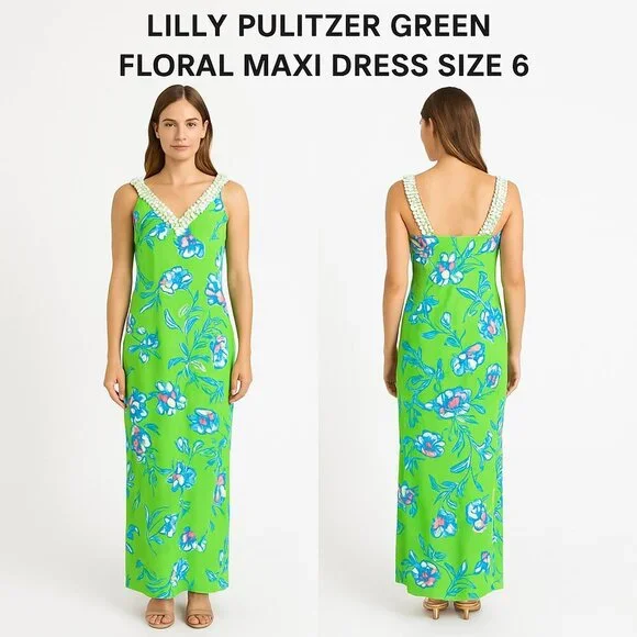 Lilly Pulitzer Green Floral Maxi Dress Size 6 - Picture 1 of 11